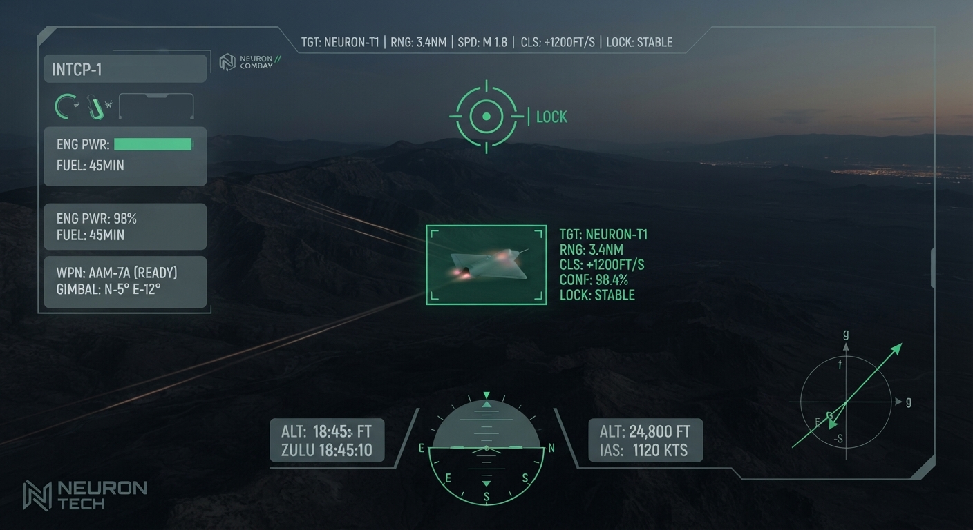 Edge-AI interceptor telemetry HUD showing target lock on NEURON-T1 at Mach 1.8 over mountainous terrain