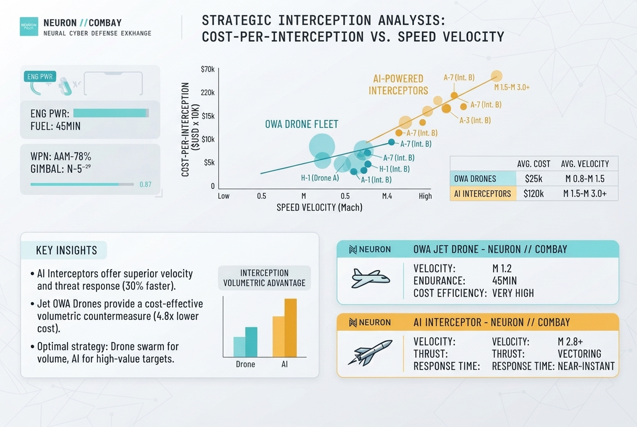 Strategic interception analysis infographic comparing cost-per-interception versus speed velocity for OWA drone fleets and AI-powered interceptors