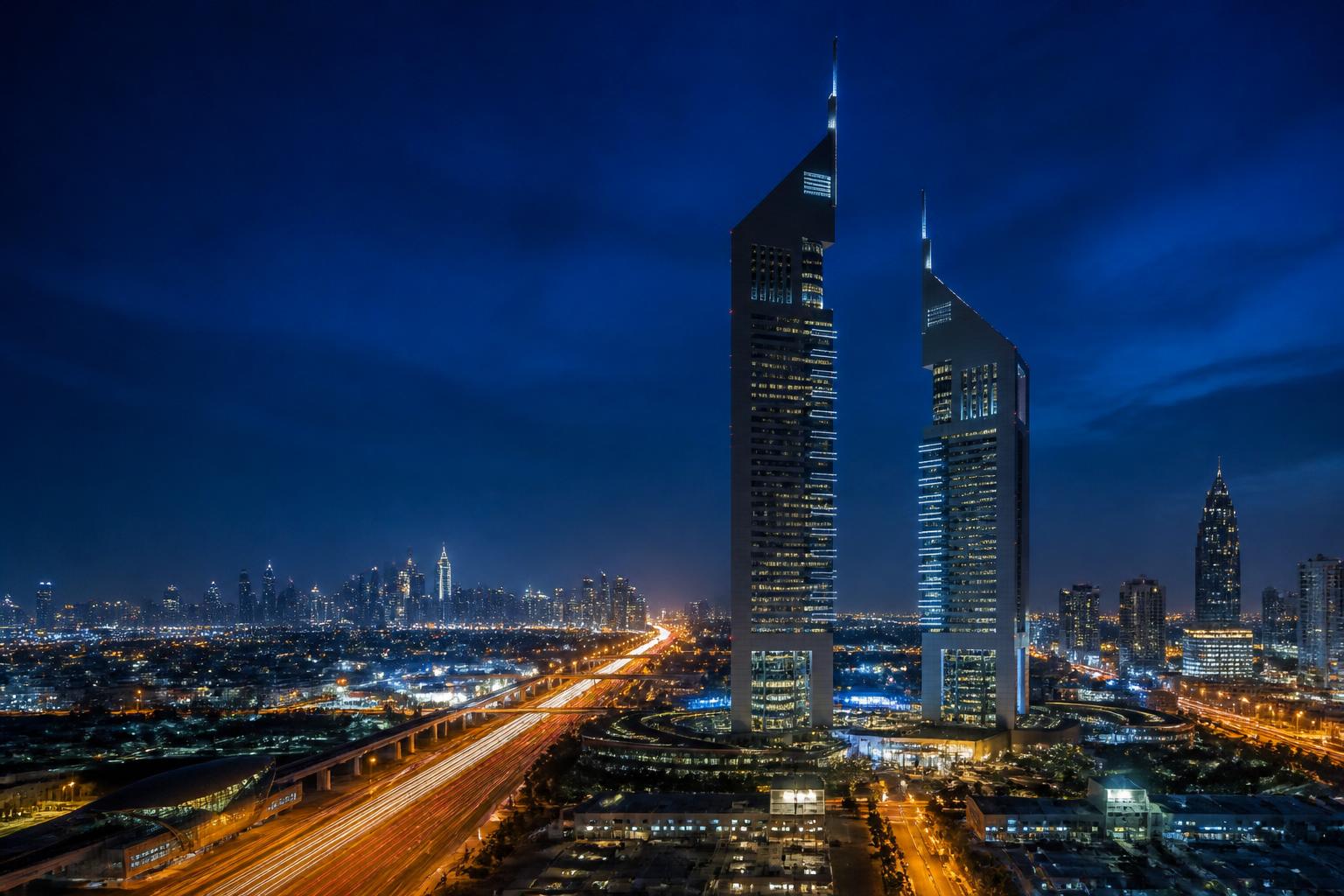 Dubai skyline and JW Marriott Marquis at night